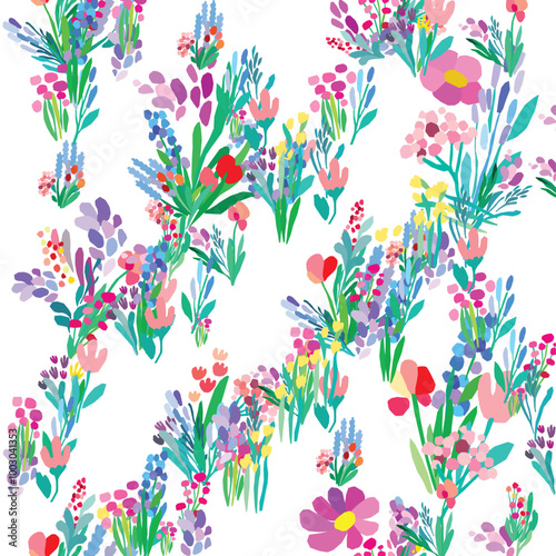 Seamless pattern of colorful flowers and leaves on a white background. Floral textile print design. Vector wildflowers