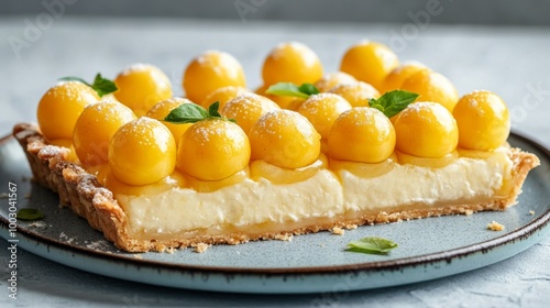 Delicious lemon tart with creamy filling and fresh citrus on a blue table set...