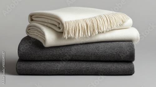 Cozy wool blankets stacked neatly in a minimalist setting for a warm and invi...