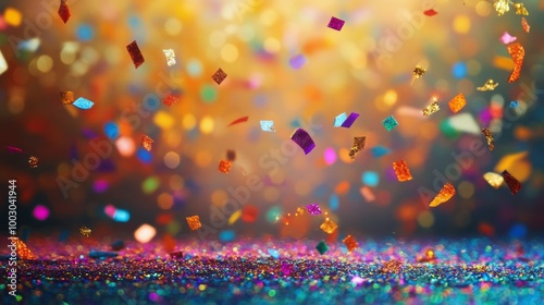 Colorful confetti falling against a vibrant gradient background during a fest...