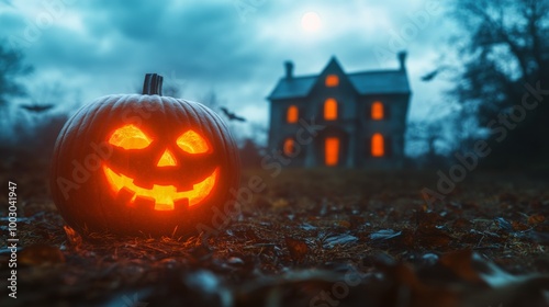 A glowing jack-o'-lantern illuminates a spooky house on a Halloween night und...