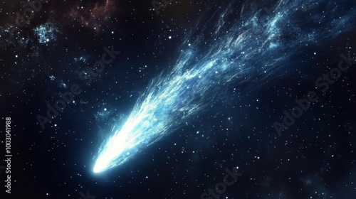 Stunning comet streaking across the night sky with a bright tail over a star-...