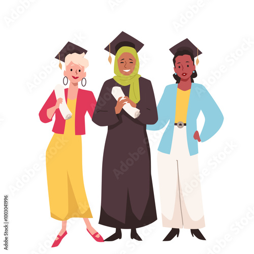 Young women students of different races graduation, vector Muslim girl wearing hijab holding a Diploma or Degree scroll