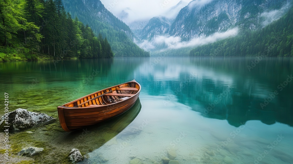 serene lakeside scene with a solitary wooden boat gently rocking on crystalclear waters surrounded by misty mountains and lush forests