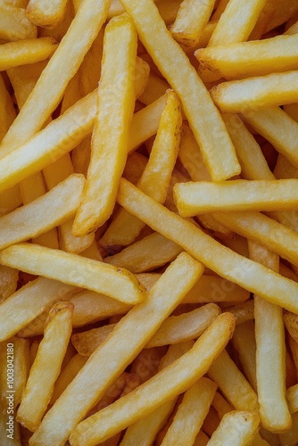 Golden fried potatoes scattered on a bright yellow surface for a delightful s...