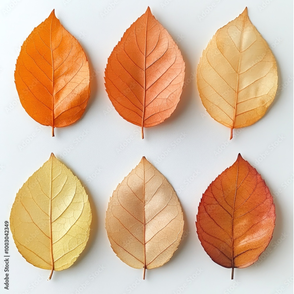Fototapeta premium Autumn Leaves Collection: Close-Up of Six Slightly Crumpled Assorted Colored Leaves for Seasonal Design