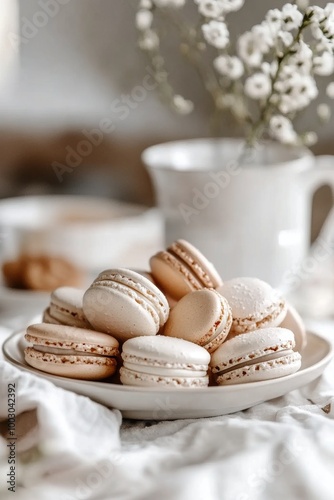 Delicate macarons on a white plate beside a warm cup and fresh flowers in sun...