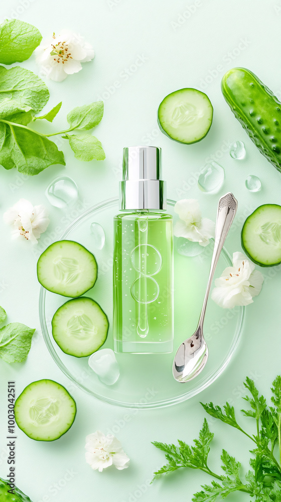 A bottle of cucumber toner sits on a table with cucumber slices and a spoon. Concept of freshness and natural beauty, as the cucumber slices and toner are both associated with healthy skin A bottle of cucumber toner sits on a table with cucumber slices and a spoon. Concept of freshness and natural beauty, as the cucumber slices and toner are both associated with healthy skin