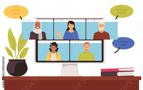 Monitor with a group of colleagues or students of different nationalities, vector video online conference education work