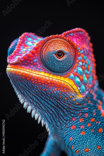 Colorful chameleon close-up revealed in vivid hues against a dark background
