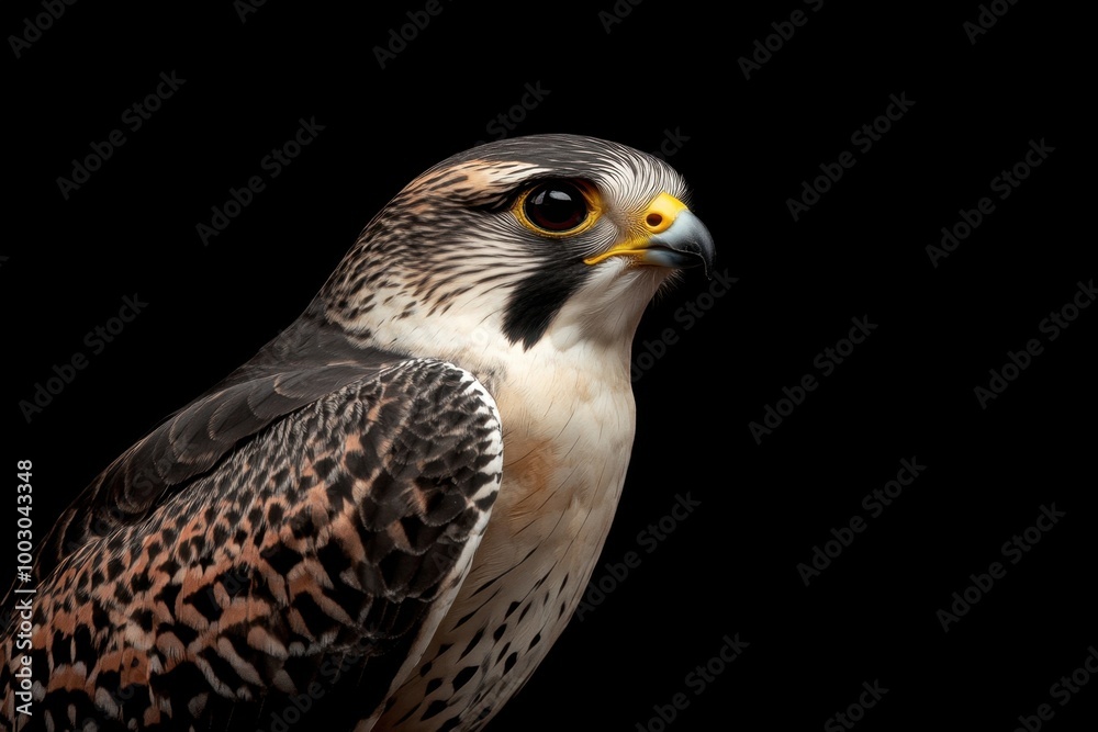 A close up view of a peregrine falcon showcasing its striking features against a dark background A close up view of a peregrine falcon showcasing its striking features against a dark background