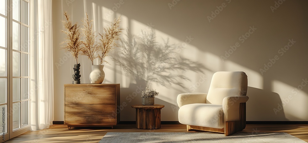 A cozy living room with a comfortable armchair, side table, wooden cabinet, and pampas grass in vases. A cozy living room with a comfortable armchair, side table, wooden cabinet, and pampas grass in vases.