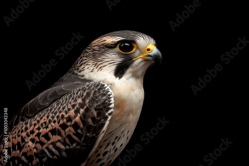 A close up view of a peregrine falcon showcasing its striking features against a dark background