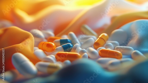 Colorful capsules and tablets scattered across soft fabric with warm sunlight...