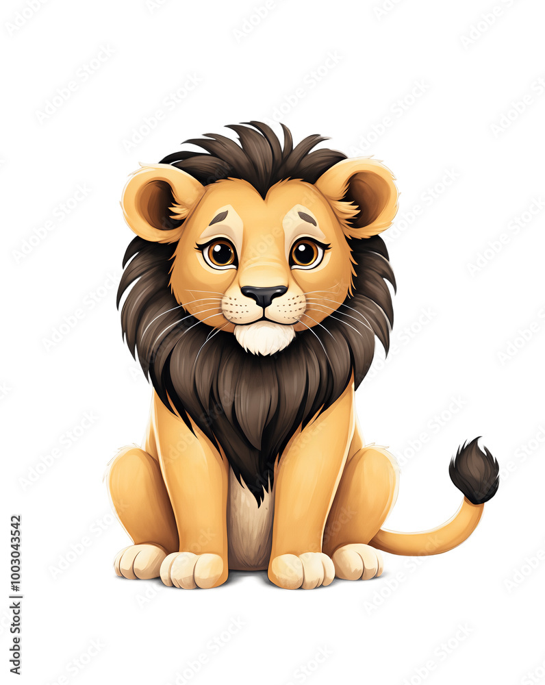 Watercolor illustration of a cute lion in a cartoon style. The lion has a round face with a friendly expression, large, round eyes, a small black nose and a gentle smile. Isolated from the background.