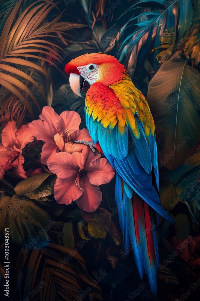 Fototapeta premium Vibrant macaw perched on blooming flowers in a lush tropical setting under soft lighting