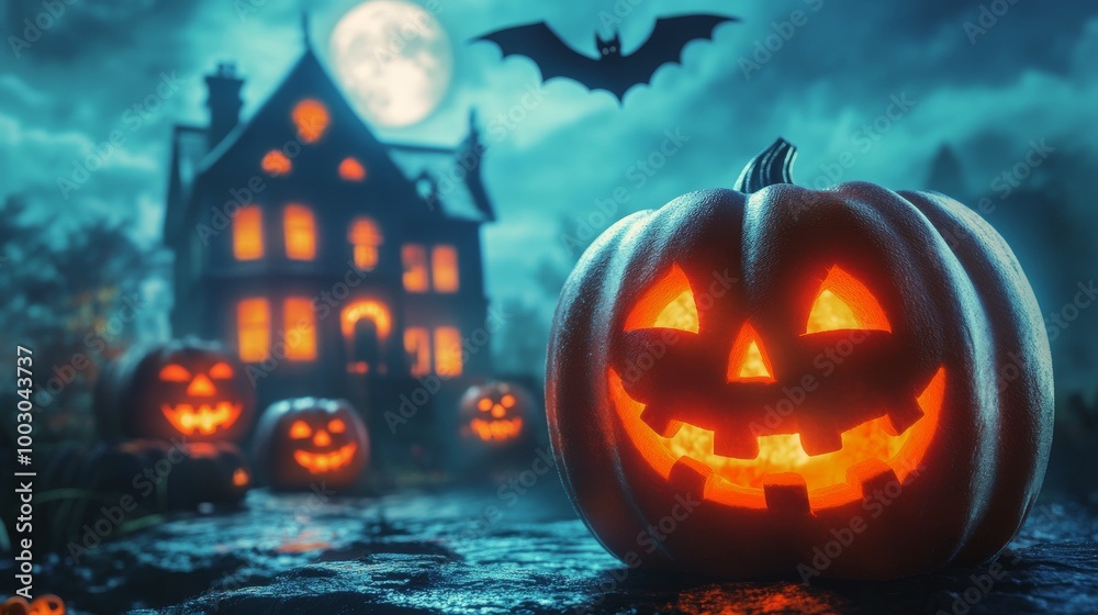 A glowing jack-o'-lantern illuminates a spooky house on a Halloween night under a full moon A glowing jack-o'-lantern illuminates a spooky house on a Halloween night under a full moon