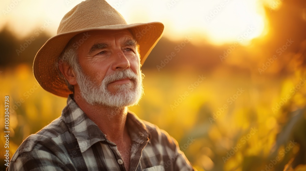 Fototapeta premium A farmer thoughtfully examines his thriving crops, surrounded by golden sunlight in a lush field, showcasing dedication and care for his work