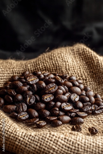 A rustic display of freshly roasted coffee beans on a textured burlap fabric ...