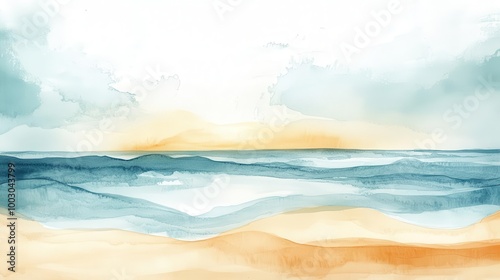 serene watercolor seascape blending soft blues and sandy hues evoking a tranquil beach atmosphere with abstract waves and sunny sky perfect for relaxation themes