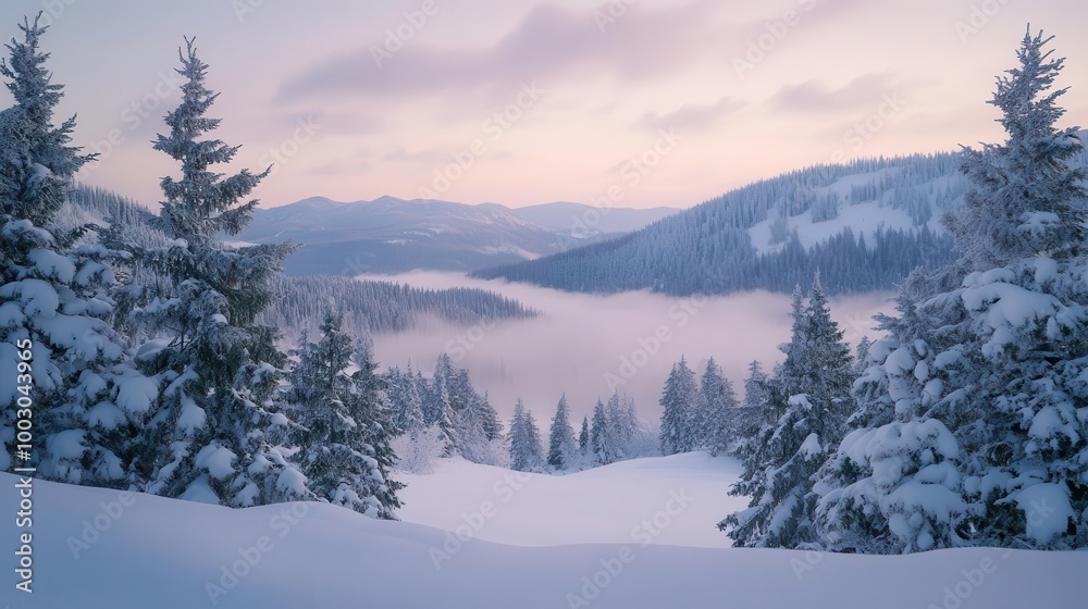 Obraz premium serene winter mountain landscape at dawn snowladen evergreens frame a misty valley pastel sky reflects on untouched snow crisp details in foreground fade to atmospheric distance