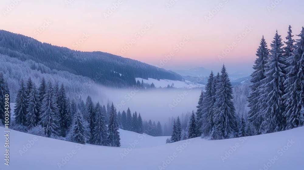 Naklejka premium serene winter mountain landscape at dawn snowladen evergreens frame a misty valley pastel sky reflects on untouched snow crisp details in foreground fade to atmospheric distance