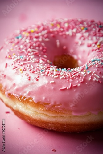 Delicious pink frosted donut adorned with colorful sprinkles on a pastel pink...