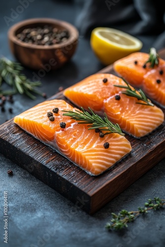 Fresh salmon fillets arranged on a wooden cutting board, garnished with herbs...