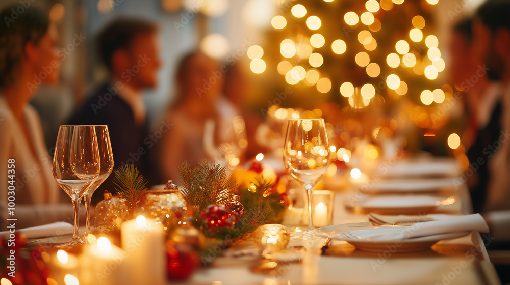 A festive table setting with wine glasses, candles, and greenery for a holiday gathering. A festive table setting with wine glasses, candles, and greenery for a holiday gathering.