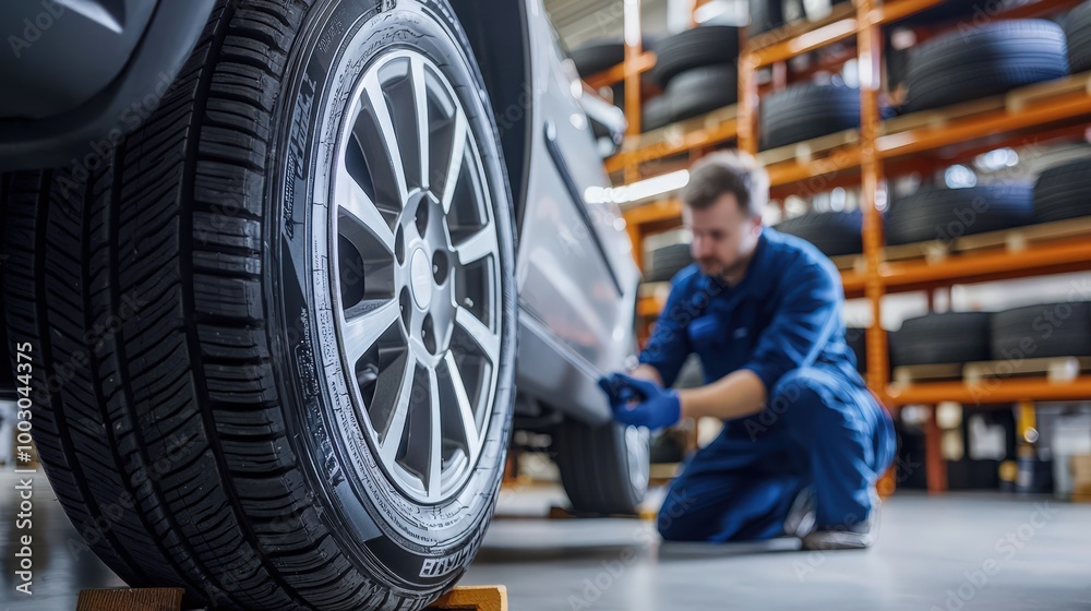 Mechanic working on car tire in a workshop Mechanic working on car tire in a workshop
