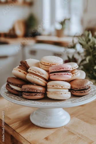 Delicate macarons on a white plate beside a warm cup and fresh flowers in sun...