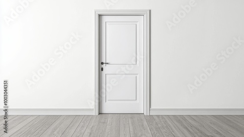 Bright and minimalist interior with a white door and natural light streaming ...