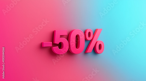 Sale promotion banner with the 3D pink text "-50%", sale label on a light pink turquoise background.