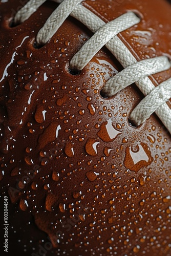 Close-up of a wet football highlighting its texture and details in a dimly li...