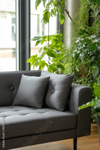 Cozy living room with a gray sofa and vibrant indoor plants offering a serene...