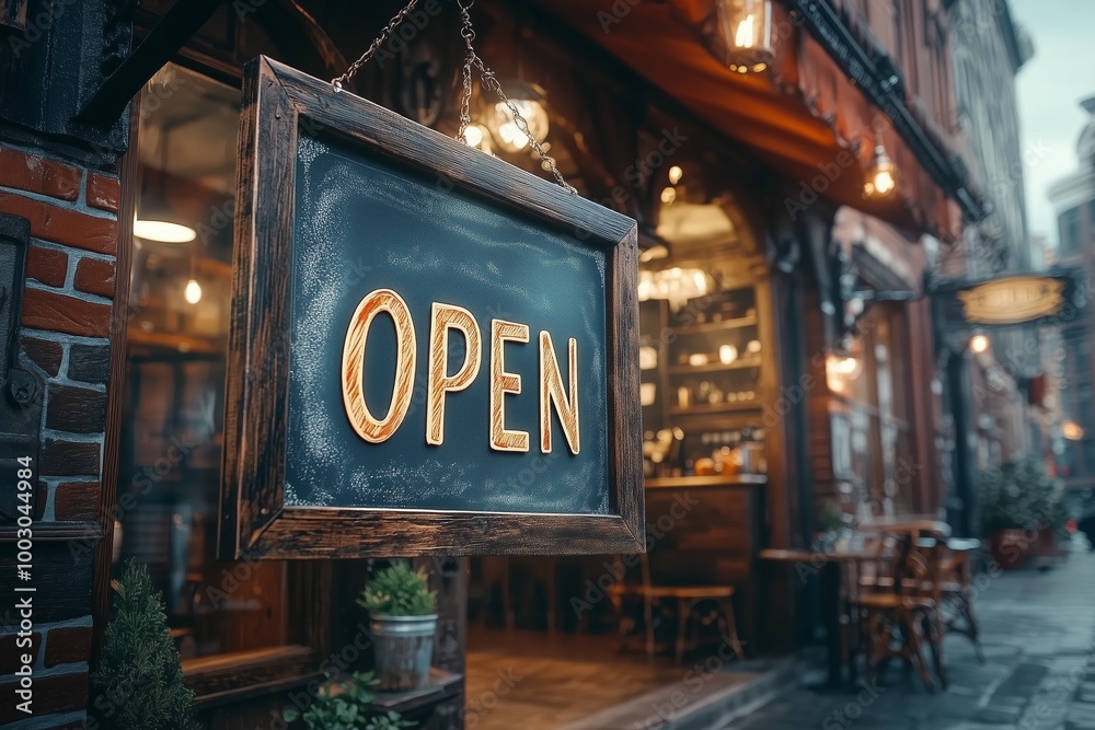 A welcoming chalkboard “Open” sign hangs outside a cozy café on a quaint, cobblestone street. A welcoming chalkboard “Open” sign hangs outside a cozy café on a quaint, cobblestone street.