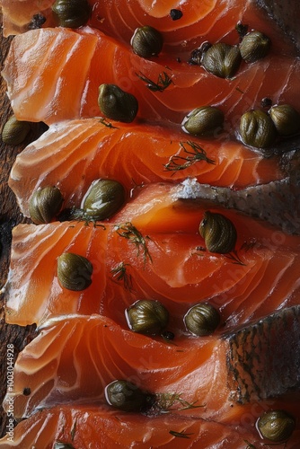 Freshly cured salmon with capers and dill carefully arranged for a gourmet pr...