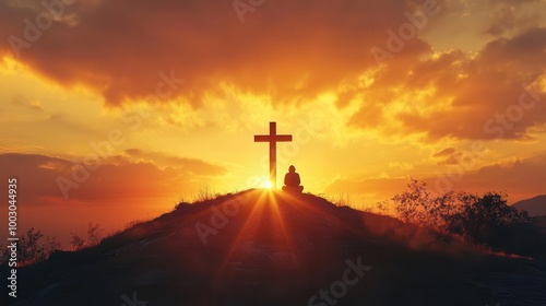 silhouette of a solitary figure kneeling in prayer before a radiant cross perched atop a hill the scene is backlit by a breathtaking sunrise painting the sky in vibrant hues of orange and gold