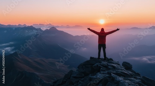 silhouette of an exuberant hiker atop a misty mountain peak at dawn arms outstretched against a panoramic vista of jagged peaks and valleys