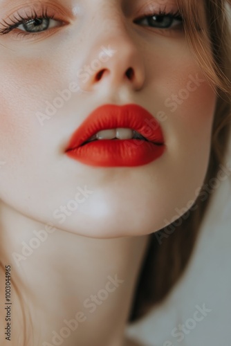 Close-up of a model showcasing bold red lipstick against a softly blurred bac...