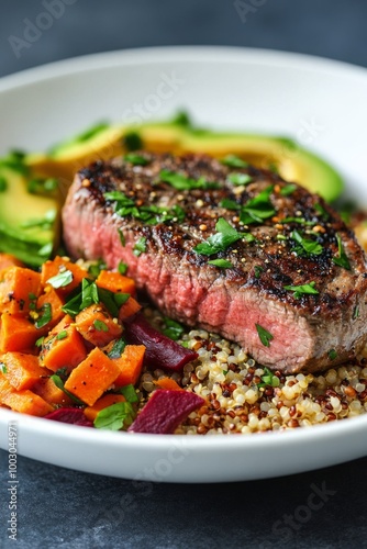 Delicious grilled steak served on a bed of quinoa with vibrant vegetables and...
