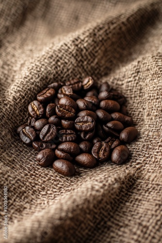 A rustic display of freshly roasted coffee beans on a textured burlap fabric ...
