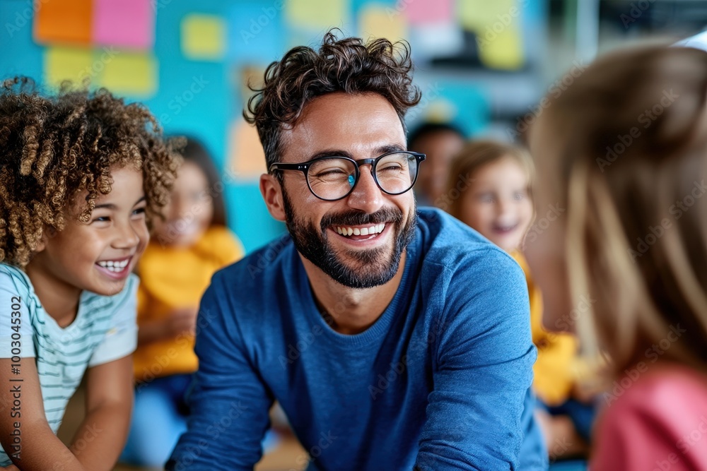 A cheerful classroom scene where a smiling teacher interacts with happy and engaged children, creating a joyful learning environment filled with laughter and curiosity. A cheerful classroom scene where a smiling teacher interacts with happy and engaged children, creating a joyful learning environment filled with laughter and curiosity.