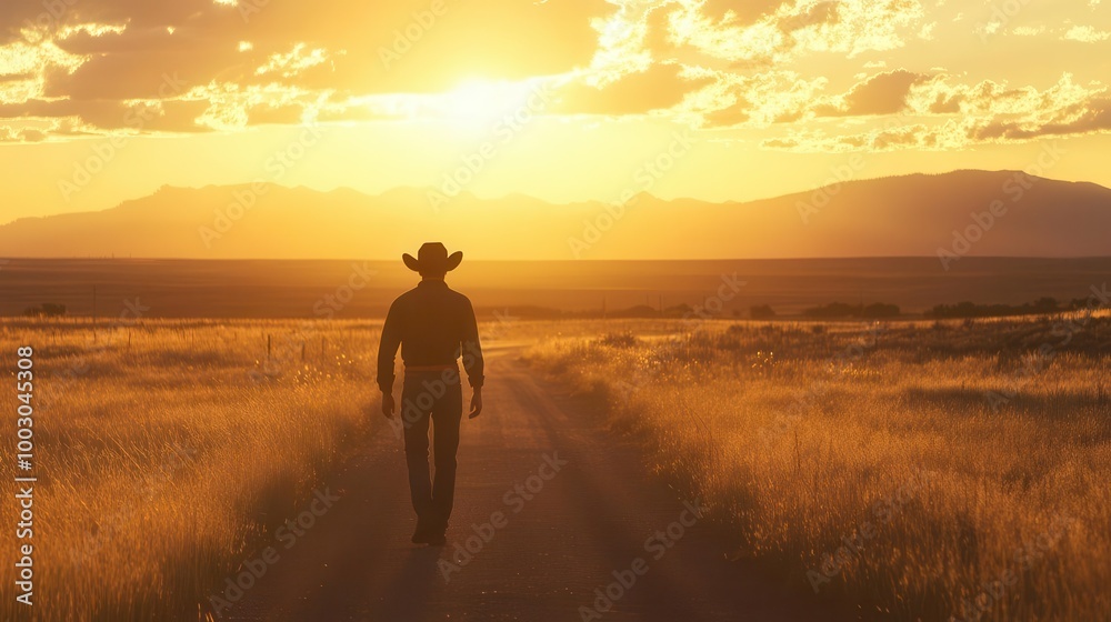 silhouette of young cowboy walking along dusty rural road at golden hour vast prairie landscape stretching to distant mountains silhouette of young cowboy walking along dusty rural road at golden hour vast prairie landscape stretching to distant mountains