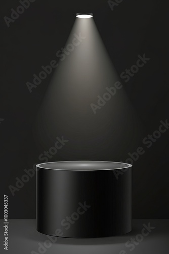 A spotlight beams on a circular stage in a dim venue for a performance