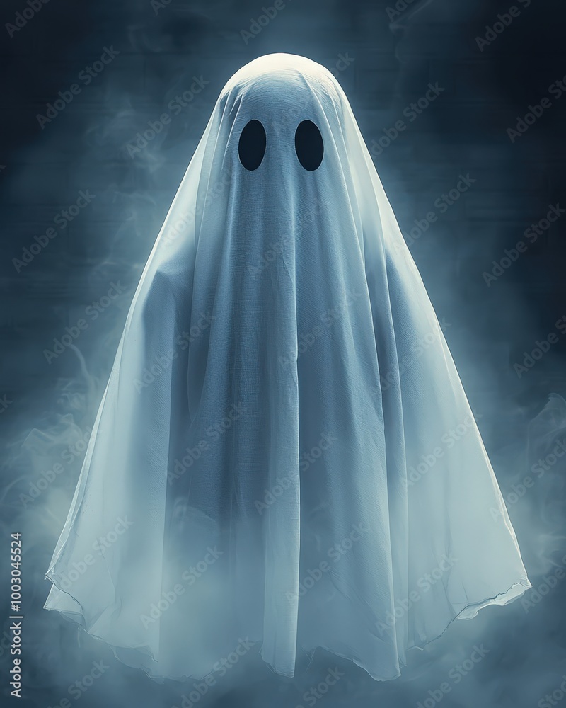 Spooky ghost figure in misty darkness
