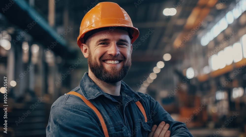 Portrait of a happy european factory worker wearing hard hat and work clothes Portrait of a happy european factory worker wearing hard hat and work clothes