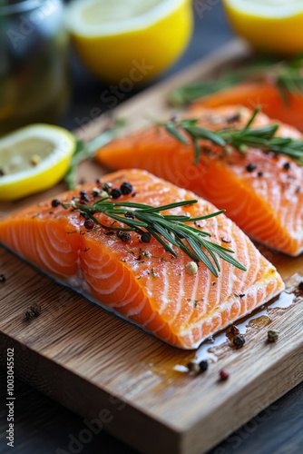 Fresh salmon fillets arranged on a wooden cutting board, garnished with herbs...