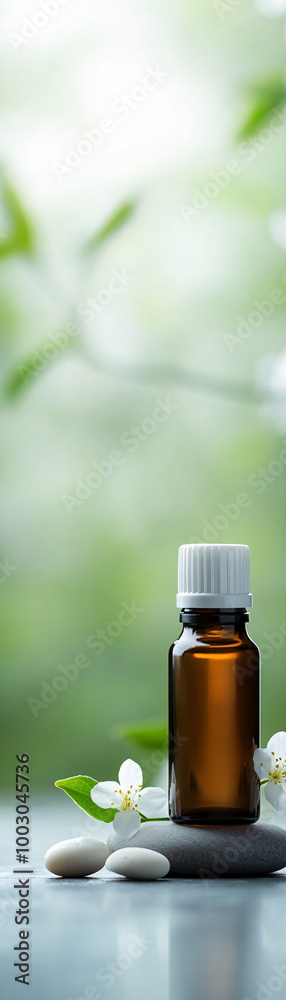 A bottle of essential oil is placed on a stone surface next to some white pebbles. Concept of relaxation and tranquility A bottle of essential oil is placed on a stone surface next to some white pebbles. Concept of relaxation and tranquility