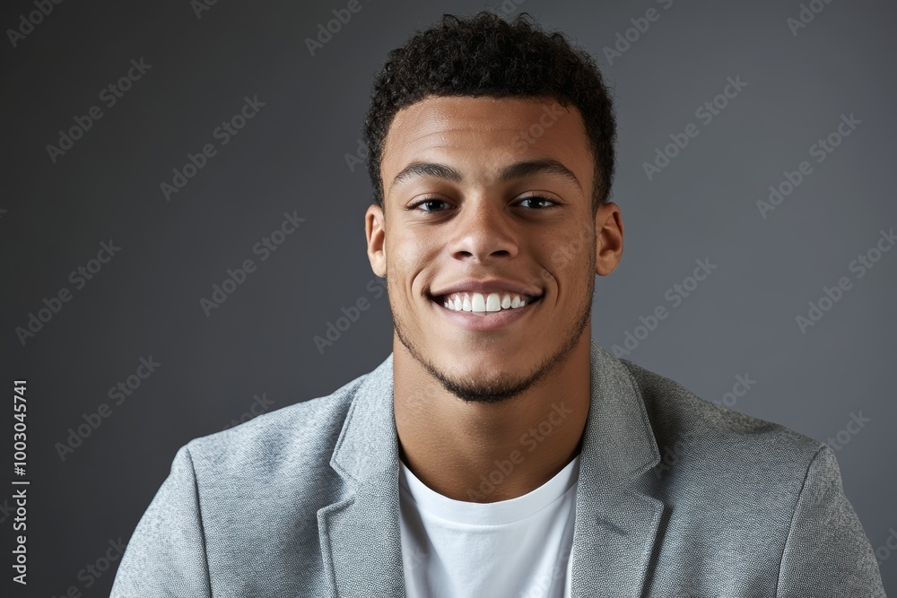 Obraz premium A young man wearing a gray blazer and white shirt smiles confidently, showcasing a professional demeanor in a studio setting